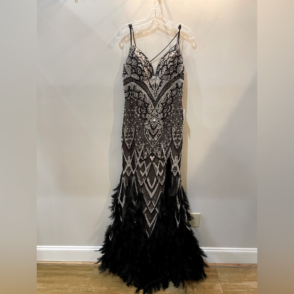Black and Silver formal gown with feathers